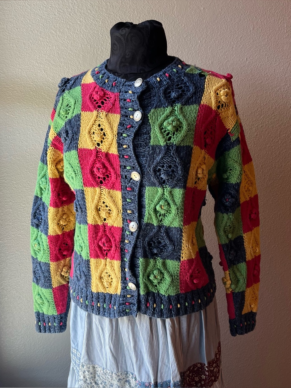 Vintage Susan Bristol Patchwork Cable Knit Cardigan Sweater medium 90’s colorful